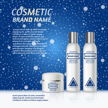 點擊來源直接獲取大圖文件 3d 逼真的化妝品瓶廣告模板 冬季背景下雪花的化妝品品牌廣告概念設(shè)計 模板 3d質(zhì)感矢量日化商品主圖banner模板